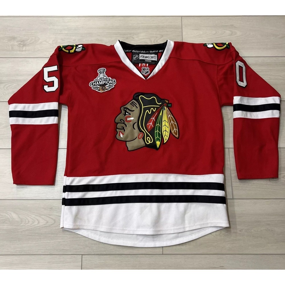 Reebok Chicago Blackhawks 2013 Stanley Cup Patch NHL Jersey Fight Strap Size 48